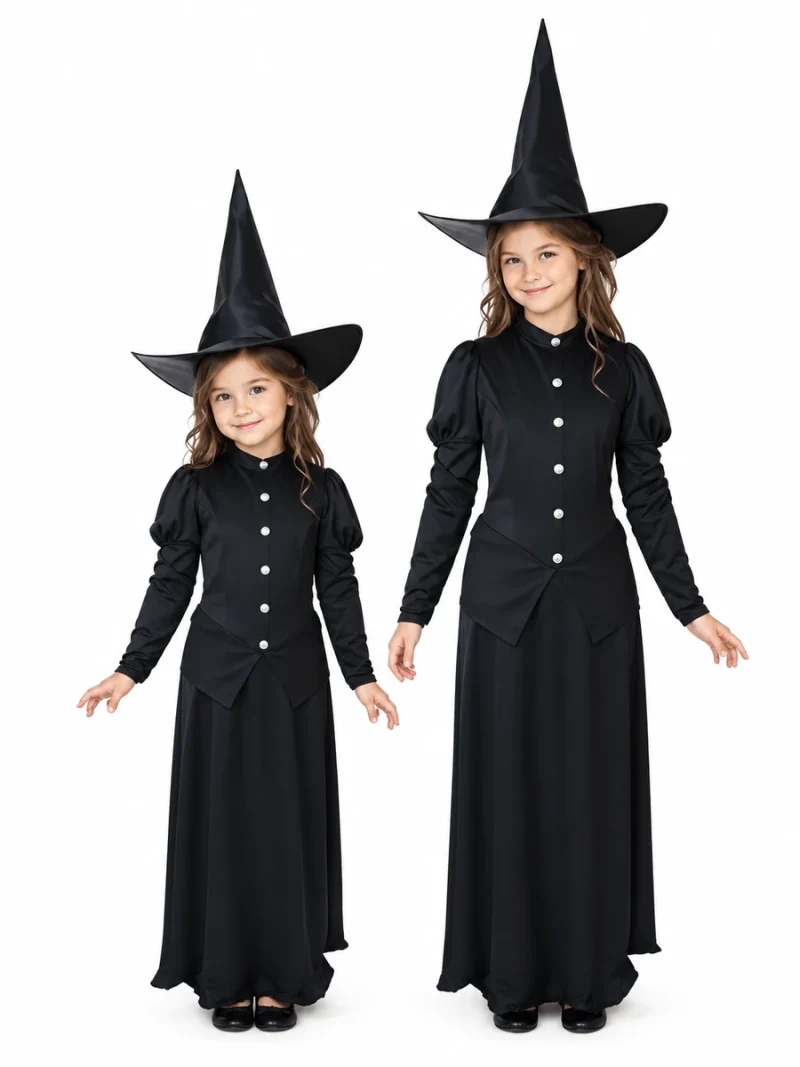Due bambine con costume da strega nero Rubies 503525 nelle taglie Small 3-5 anni e Large 8-10 anni.