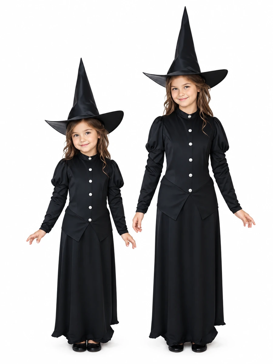 Due bambine con costume da strega nero Rubies 503525 nelle taglie Small 3-5 anni e Large 8-10 anni.