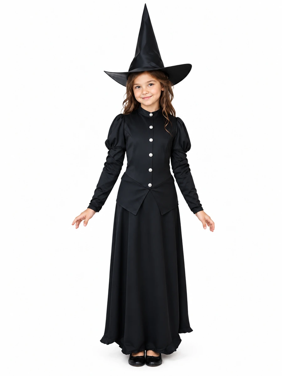 Bambina con costume da strega nero Rubies 503525 taglia Large 8-10 anni, vista frontale.