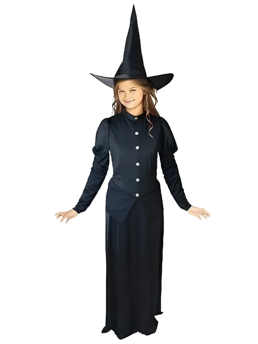 Foto originale del costume da strega nero Rubies 503525 con abito lungo, bottoni chiari e cappello alto a punta.