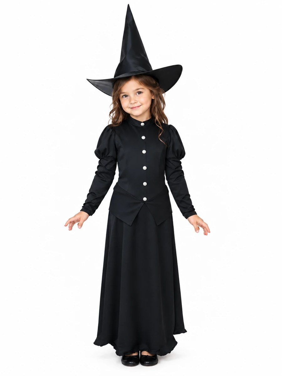 Bambina con costume da strega nero Rubies 503525 taglia Small 3-5 anni, vista frontale.