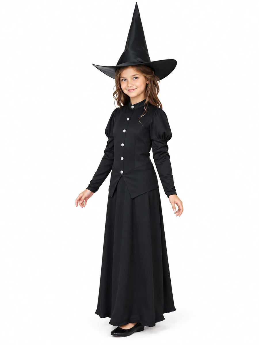 Costume da strega nero Rubies 503525 taglia Large 8-10 anni, vista di tre quarti con cappello a punta.