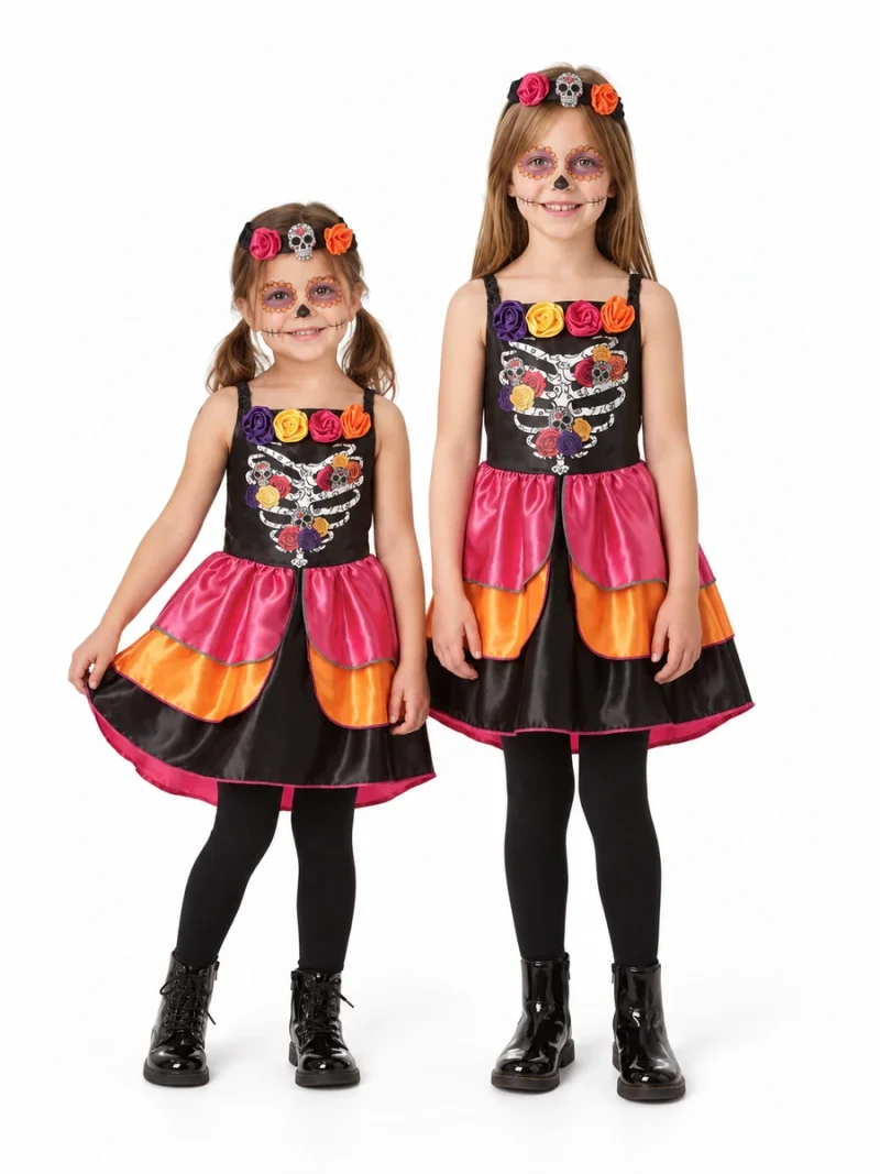 Due bambine con costume Teschio di Zucchero Rubie's, abito nero con rose colorate e trucco decorativo