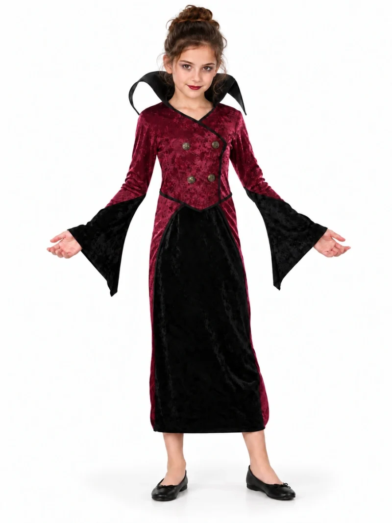 Bambina con costume Vampira Rubies 38875, abito bordeaux e nero e trucco da vampira senza denti.