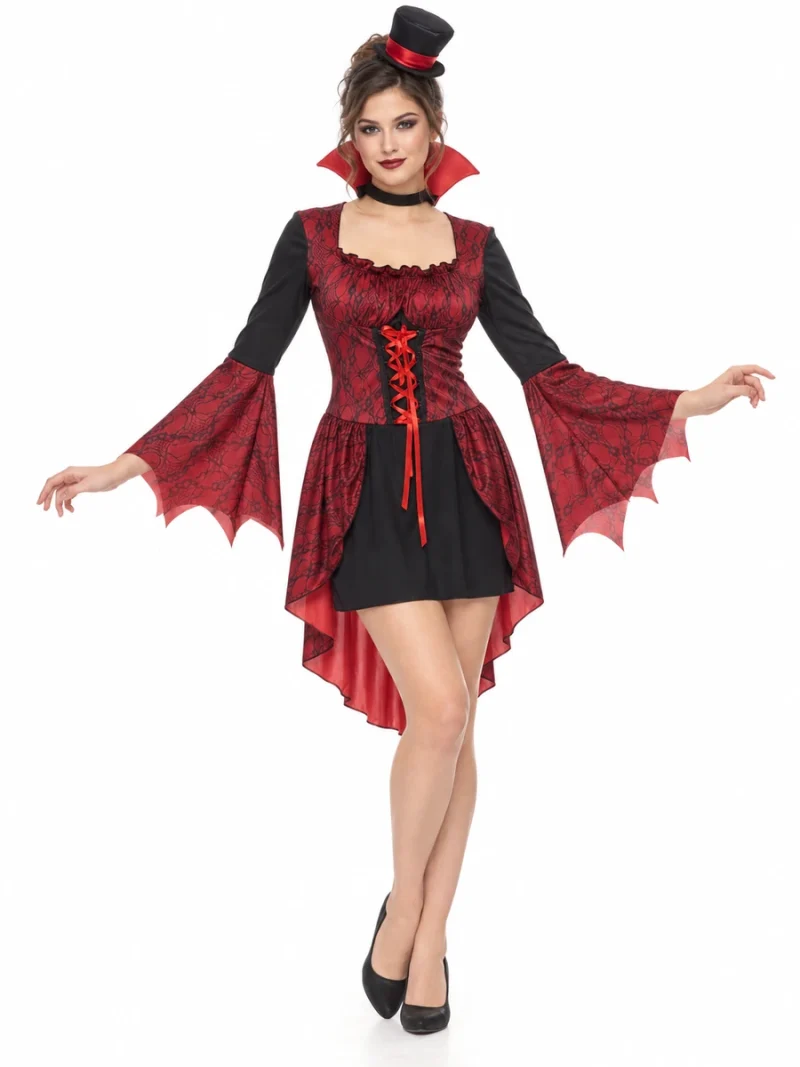 Donna con costume da vampira rosso e nero taglia M, mini cilindro e colletto alto, vista frontale.