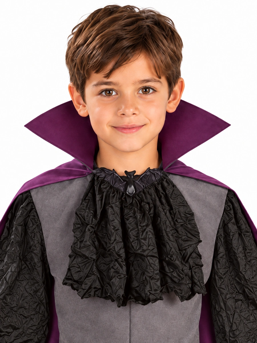 Dettaglio del colletto viola e del jabot nero del costume Vampiro Notturno Rubies 881102.