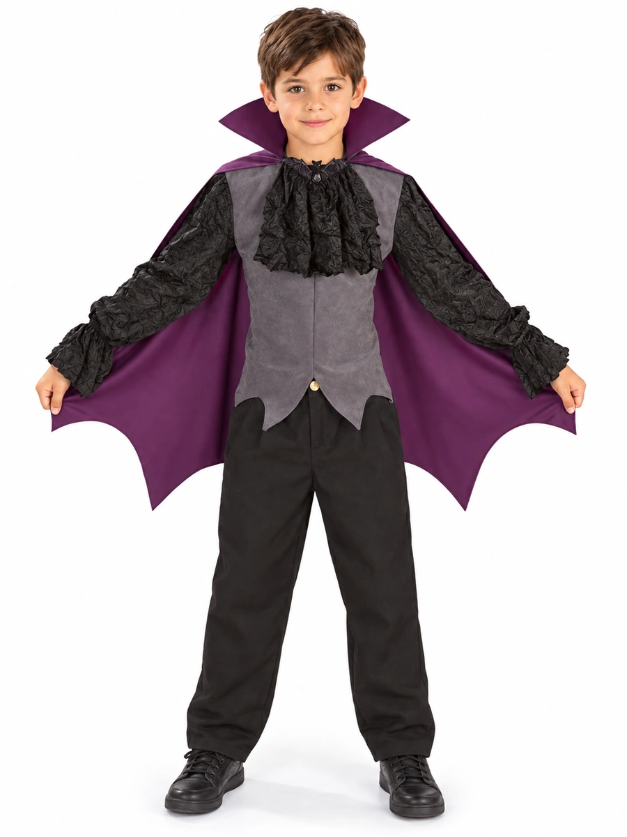 Costume Vampiro Notturno Rubies 881102 indossato da un bambino, vista frontale con mantello aperto.