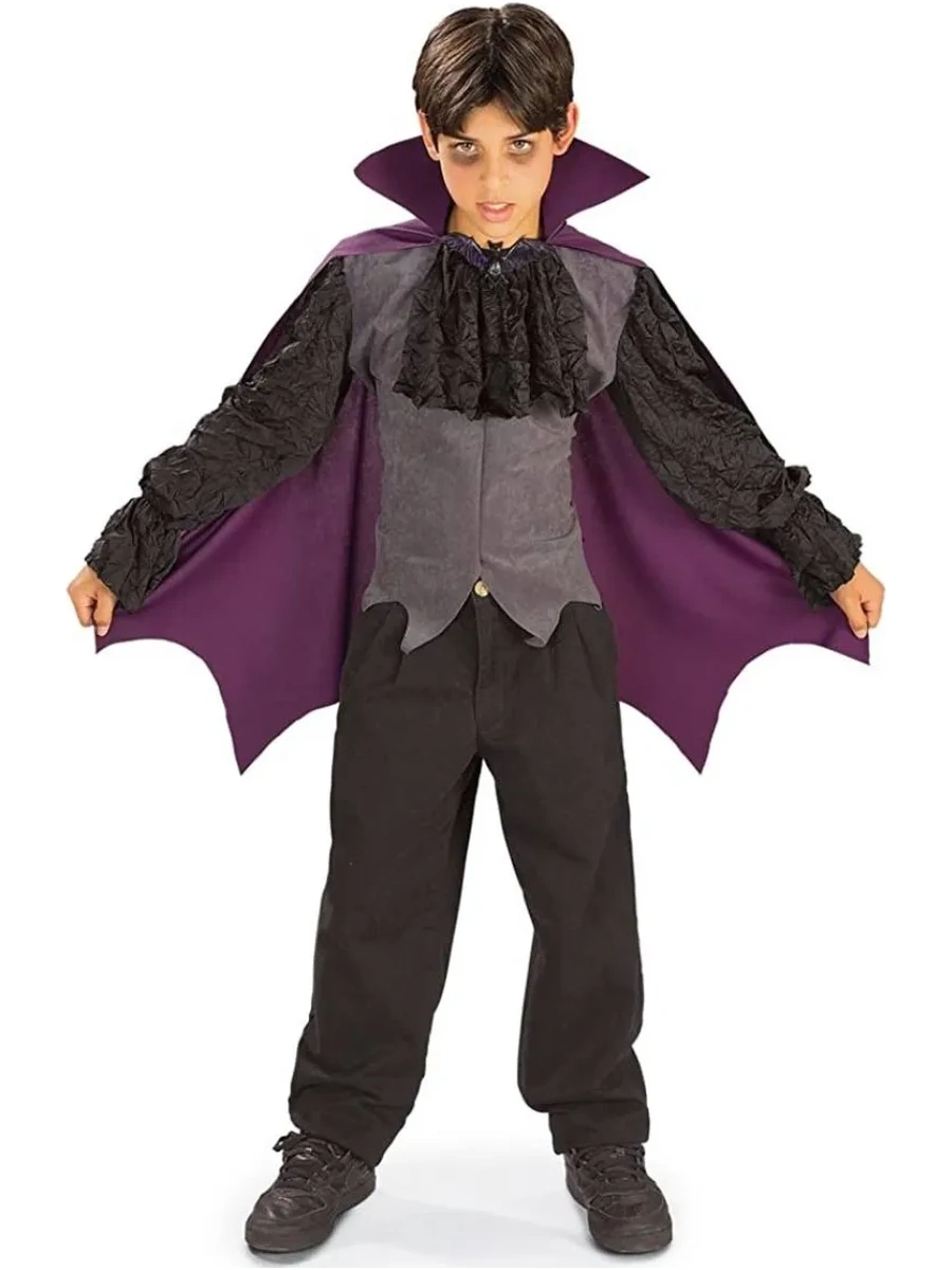 Foto originale del costume Vampiro Notturno Rubies 881102 con mantello viola aperto.