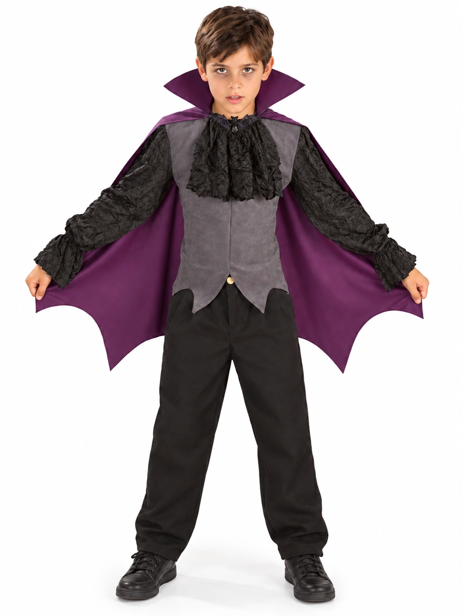 Bambino con costume Vampiro Notturno Rubies 881102, mantello aperto e trucco da vampiro.