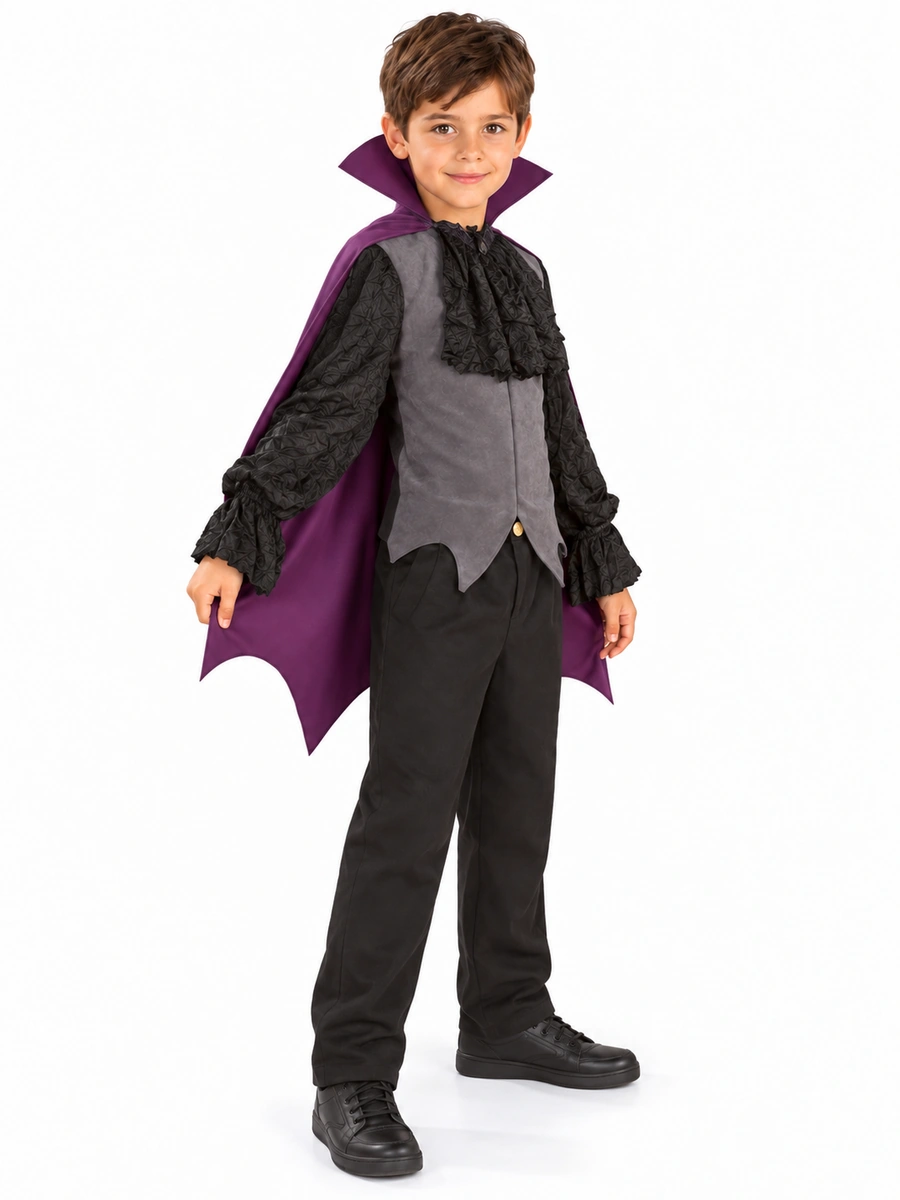 Costume Vampiro Notturno Rubies 881102 indossato da un bambino, vista di tre quarti.