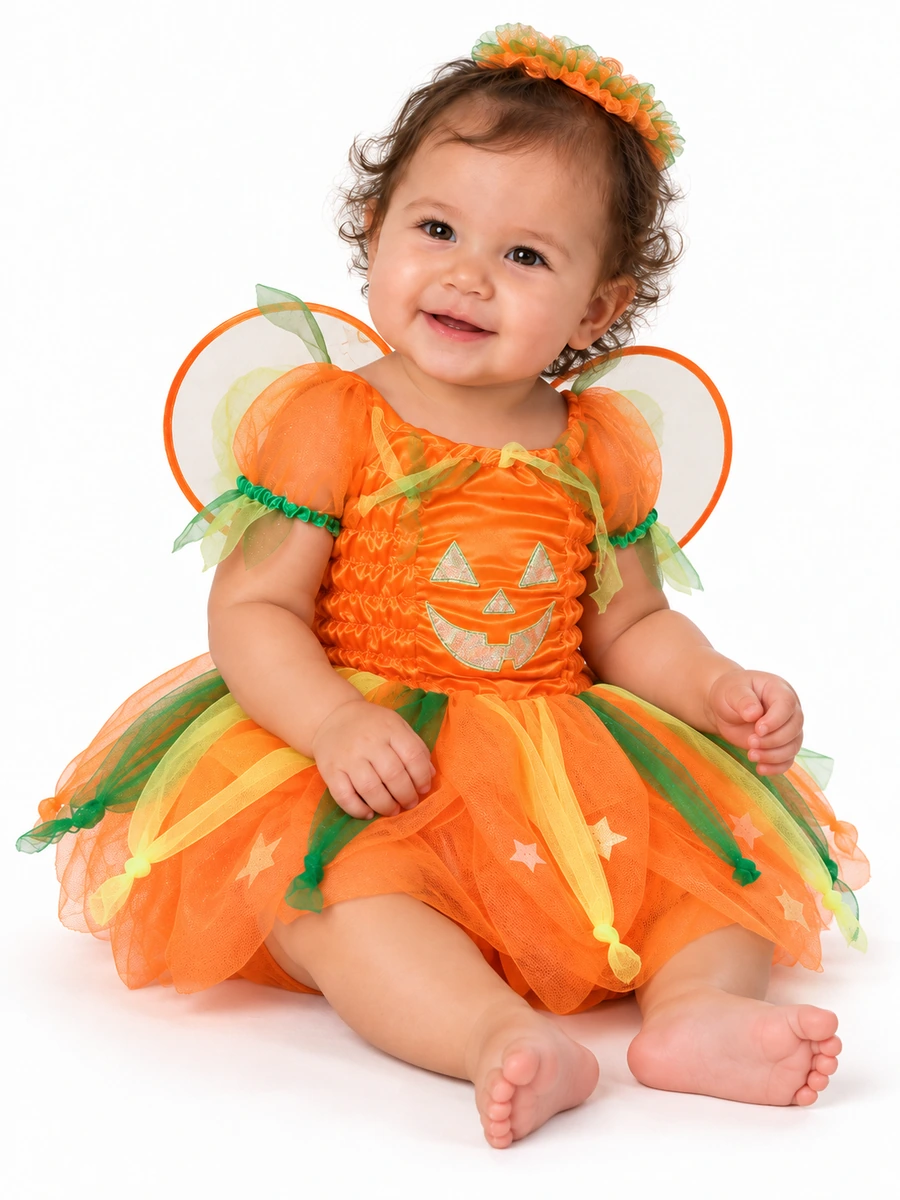Bimba seduta di tre quarti con costume da fatina zucca arancione, ali e copricapo.