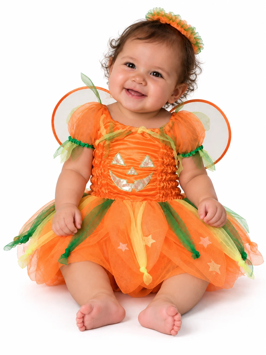 Costume da fatina zucca per bimba di 6-12 mesi, indossato in posa seduta.