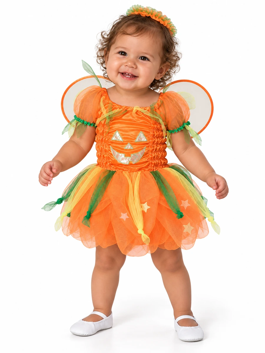 Costume da fatina zucca per bimba di 12-18 mesi, indossato in piedi.