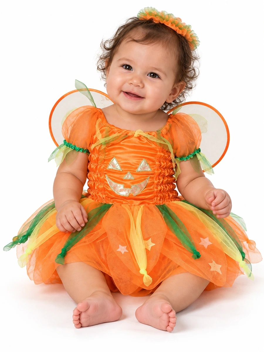 Bimba seduta con costume da zucca arancione, corpetto decorato e gonna in tulle.