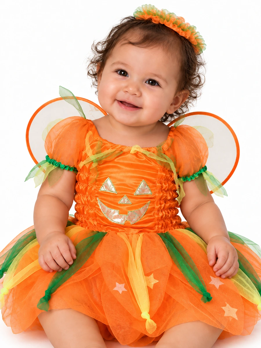 Dettaglio del costume da fatina zucca: corpetto arancione arricciato, decorazione zucca e tulle con nastri verdi e gialli.