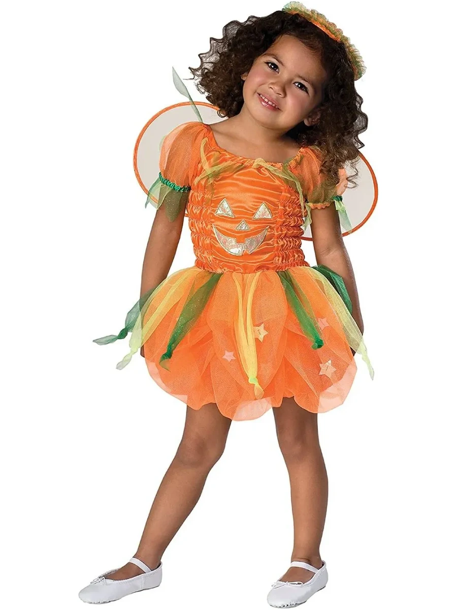Foto originale del produttore del costume da fatina zucca Rubies 885239 con ali e copricapo.