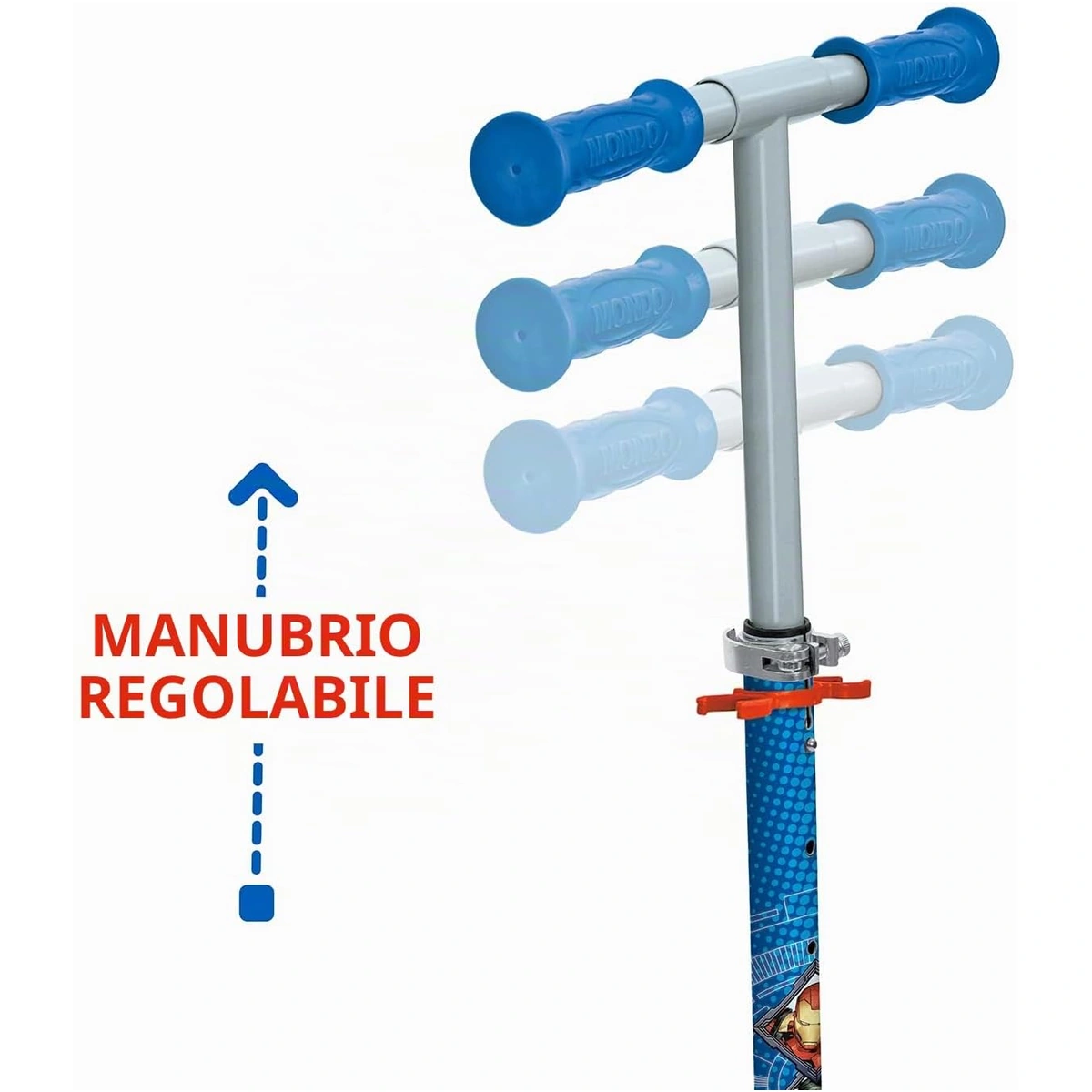 Dettaglio del manubrio regolabile con impugnature blu del monopattino Avengers Mondo.
