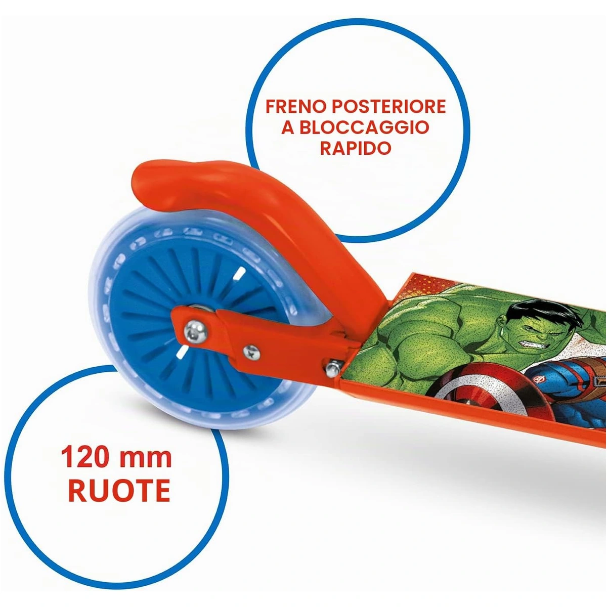 Dettaglio della ruota posteriore da 120 mm e del freno del monopattino Avengers Mondo.