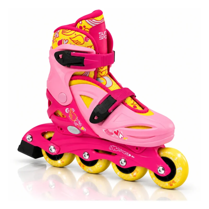 Pattini in linea bambina Roces Sun&Sport rosa visti di lato, ruote gialle e due fibbie nere