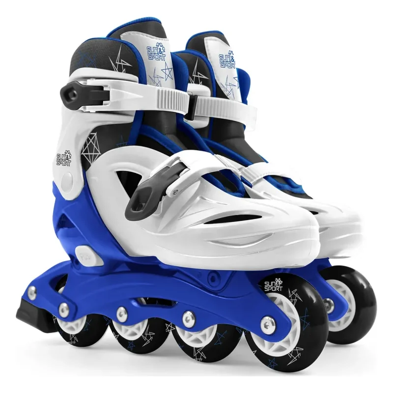 Pattini in linea bambini regolabili Roces Sun&Sport visti di tre quarti, scafo bianco e telaio blu