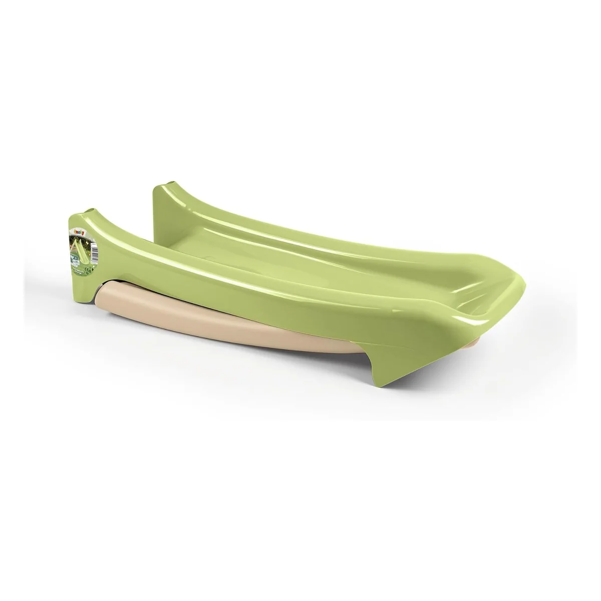 Scivolo Smoby XS ripiegato, struttura beige chiusa sotto la pista verde con etichetta Smoby sul lato