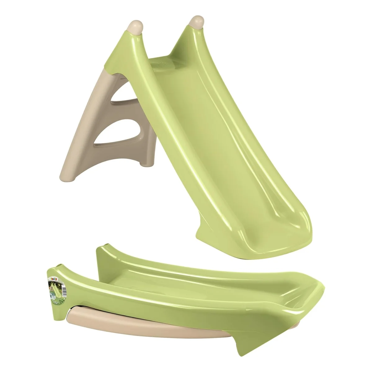 Scivolo Smoby XS mostrato due volte, montato in alto e ripiegato per riporlo in basso